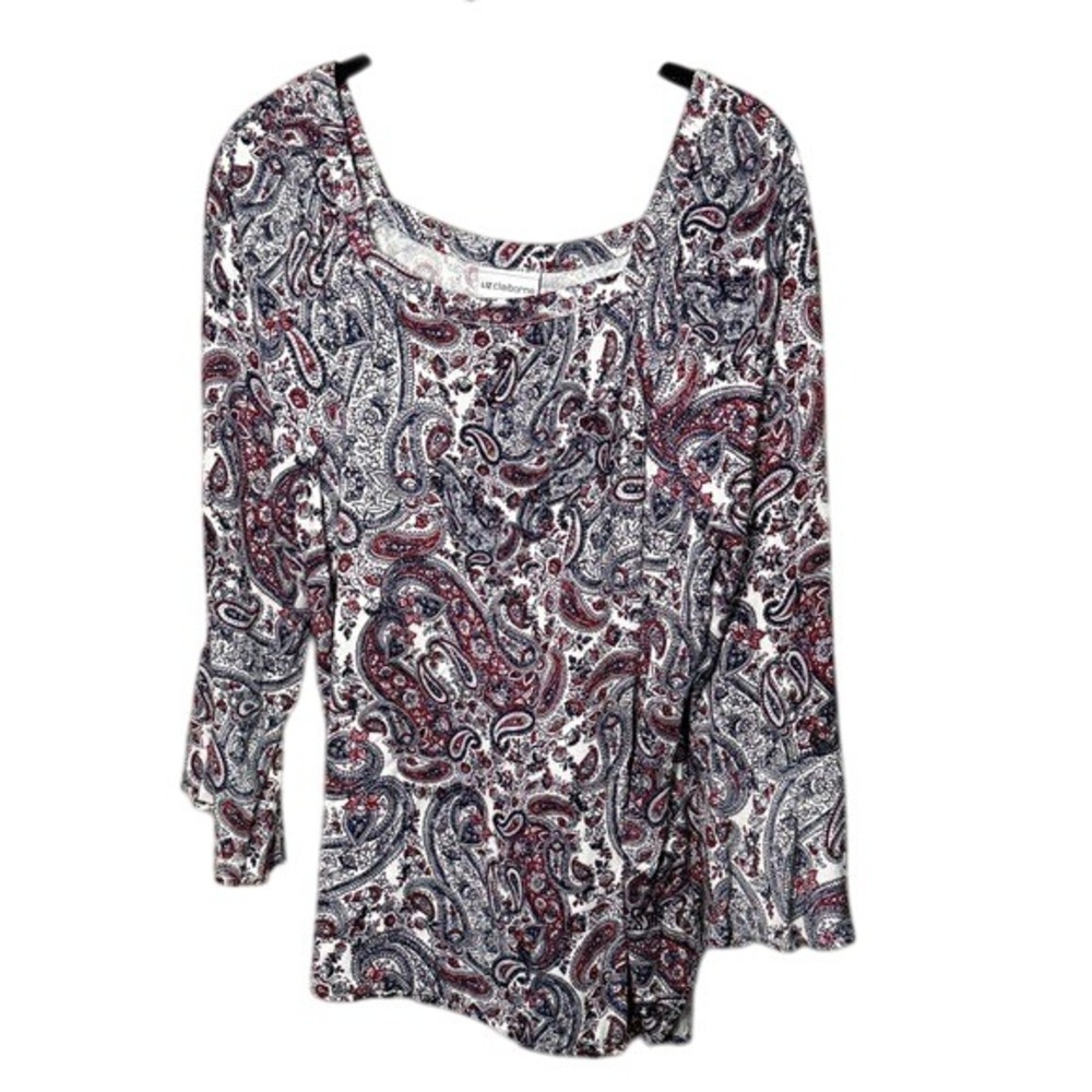 Liz Claiborne Paisley Print 3/4 Sleeve Top Scoop Neck Blouse Womens‎ Size M